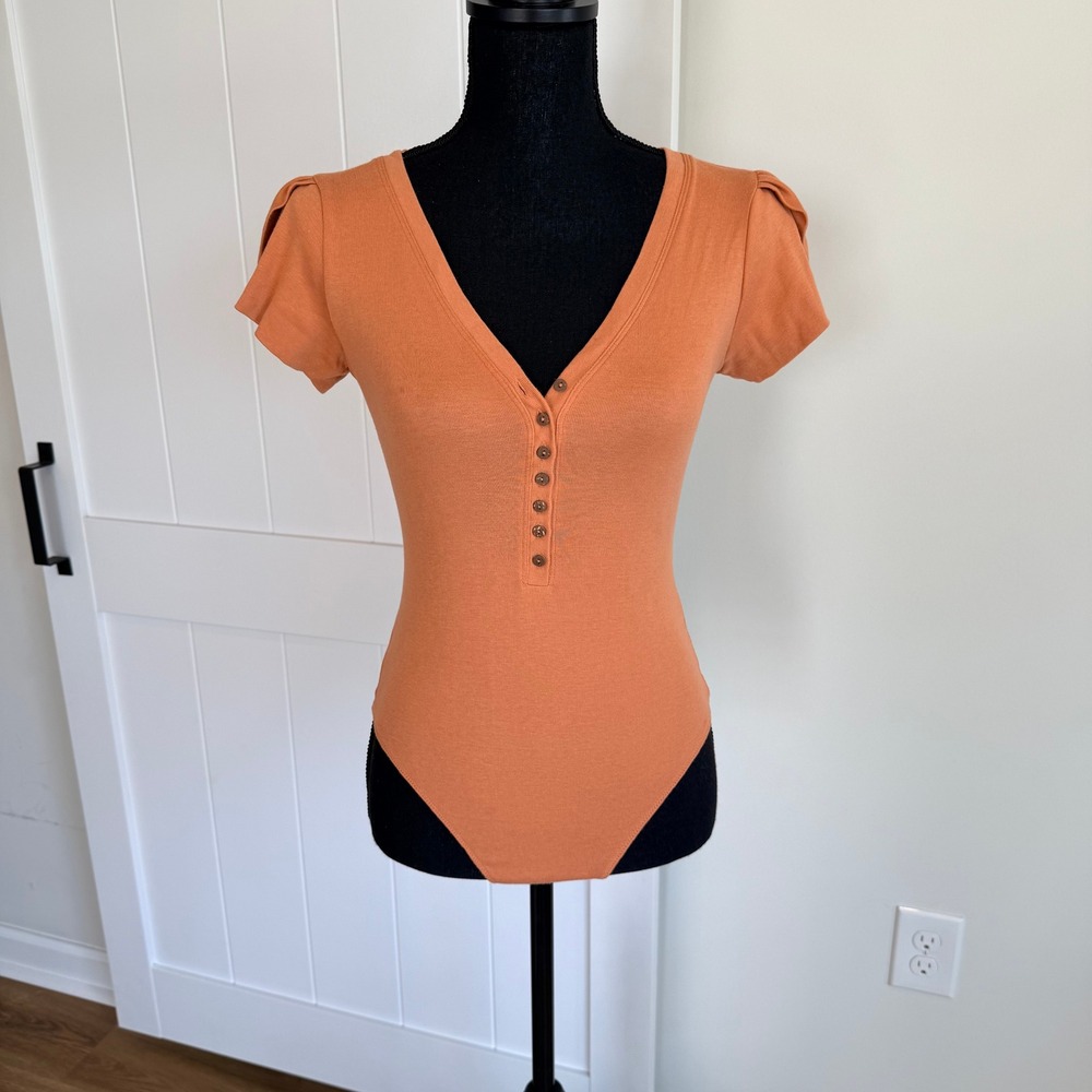 Intimately Free People Henley Bodice Short Puff Sleeve Burnt Orange Small